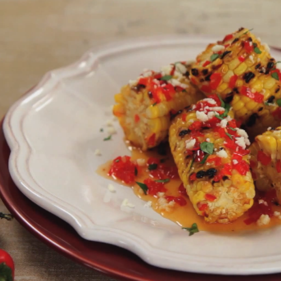 Grilled Corn with Sweet Chili Pepper Jam and Queso Fresco 